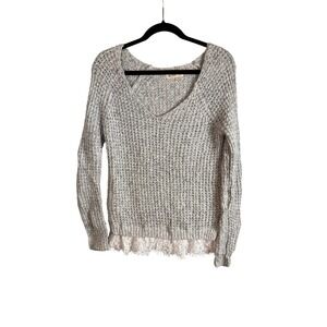 HOLLISTER Womens S Gray V Neck Chunky Knit Sweater Lace Hem Cotton Blend